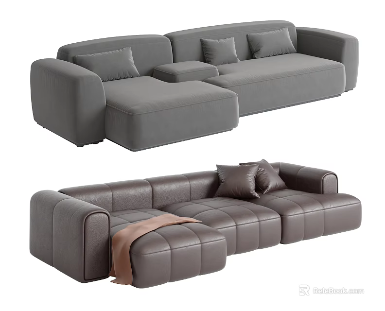 Modern Grey Fabric And Dark Brown Leather Sectional Sofas With Throw Pillows And Blanket 3d model