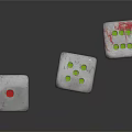 Three White Dice With Colorful Dots For Board Game Entertainment On Dark Reflective Surface