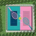 School Outdoor Tennis Courts With Blue Pink Surfaces And Tennis Racket Design