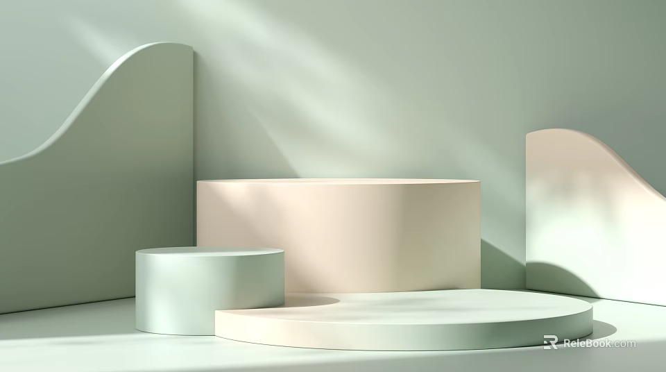 Minimalist Children's Play Area With Light Green Curved Walls Pink Cylinders Circular Platforms Soft Lighting 3d model 