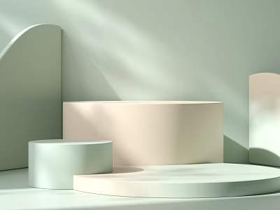 Minimalist Children's Play Area With Light Green Curved Walls Pink Cylinders Circular Platforms Soft Lighting 3d model