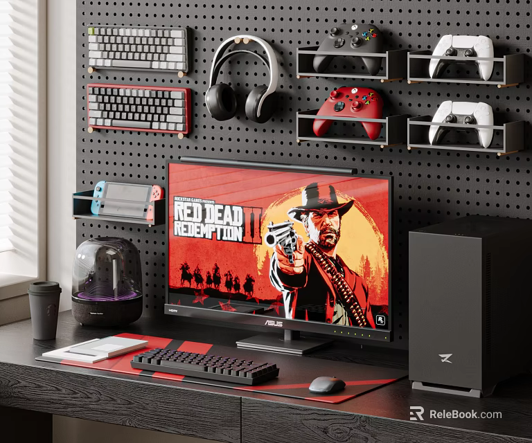 Gaming PC Setup With Monitor Tower Keyboard Mouse Headphones And Game Controllers 3d model 