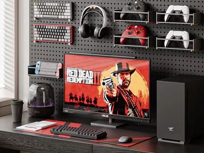 Gaming PC Setup With Monitor Tower Keyboard Mouse Headphones And Game Controllers 3d model