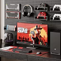 Gaming PC Setup With Monitor Tower Keyboard Mouse Headphones And Game Controllers