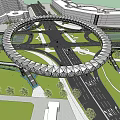Modern Circular Bridge Structure Over Urban Road Intersection With Surrounding Buildings And Greenery 3d model