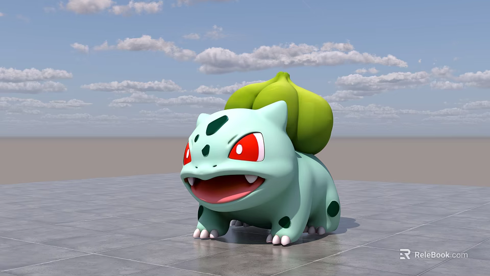 Bulbasaur With Green Bulb On Back Big Red Eyes Black Spots Standing On Gray Floor 3d model 