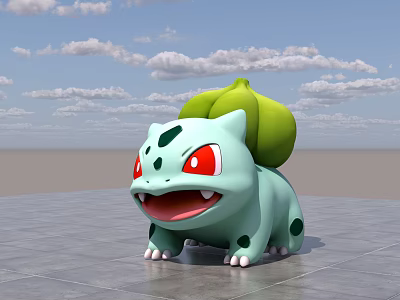 Bulbasaur With Green Bulb On Back Big Red Eyes Black Spots Standing On Gray Floor 3d model
