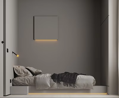 Tatami Bedroom Minimalist Modern Gray Walls Decorative Painting Wall Lamp Pillows And Blanket On Bed 3d model