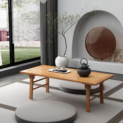 Natural Modern Tea Table and Chairs Interior with Tea Set Plant and Green Lawn View 3d model