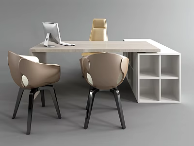 Modern Office Desk With Computer Monitor And Comfortable Chairs With Storage Shelves 3d model