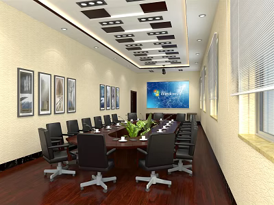 Modern Conference Room With Long Table Black Chairs Ceiling Lights And Large Screen 3d model