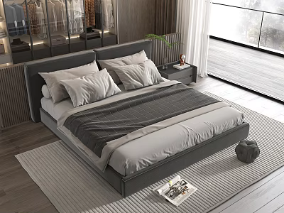 Modern Double Bed in Contemporary Bedroom with Soft Pillows Comforter Wooden Nightstand and Natural Light 3d model