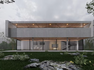 Modern Detached Villa With Concrete Exterior Large Glass Windows And Green Lawn 3d model