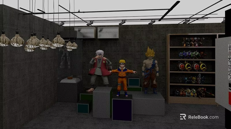 Anime Character Figurines On Colorful Platforms With Display Shelves And Hanging Lamps 3d model 