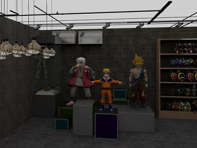 Anime Character Figurines On Colorful Platforms With Display Shelves And Hanging Lamps 3d model