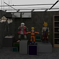 Anime Character Figurines On Colorful Platforms With Display Shelves And Hanging Lamps