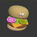 Funny Face Cartoon Hamburger With Lettuce Onion Cheese Patty And Sesame Bun
