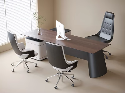Modern Office Desk with Wooden Top Ergonomic Chairs White Computer Monitor Potted Plant Near Window 3d model