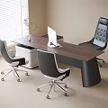 Modern Office Desk with Wooden Top Ergonomic Chairs White Computer Monitor Potted Plant Near Window