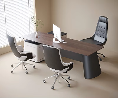 Modern Office Desk with Wooden Top Ergonomic Chairs White Computer Monitor Potted Plant Near Window 3d model