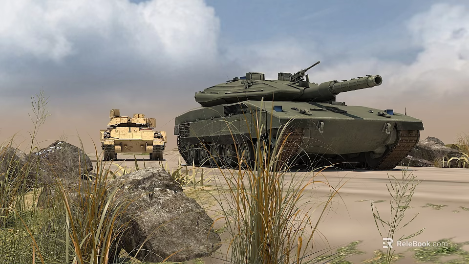 Military Utility Vehicles Featuring Tank And Armored Car In Open Terrain With Rocks And Grass 3d model 