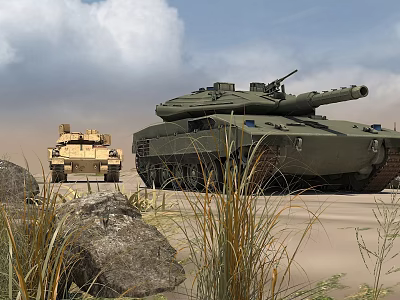 Military Utility Vehicles Featuring Tank And Armored Car In Open Terrain With Rocks And Grass 3d model