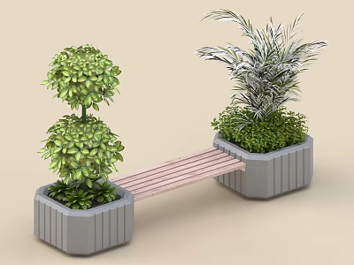 Outdoor Landscape Seating with Wooden Bench Between Gray Planters Holding Spherical Shrubs and Variegated Plants 3d model