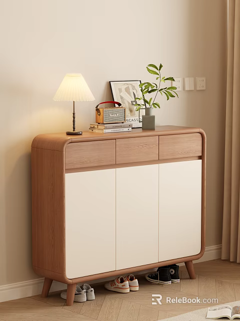 Modern Wooden and White Shoe Cabinet with Table Lamp Picture Frame Green Plant and Books 3d model 