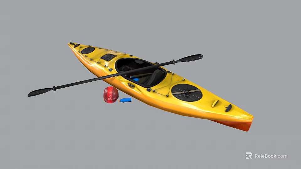 Yellow Kayak With Paddle And Red Buoy For Water Sports Activity 3d model 
