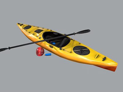 Yellow Kayak With Paddle And Red Buoy For Water Sports Activity 3d model