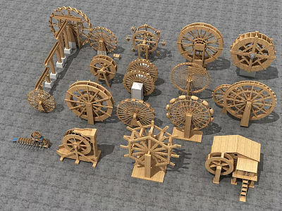 Garden Ornaments Showcasing Diverse Wooden Water Wheel Models And Decorative Pieces 3d model