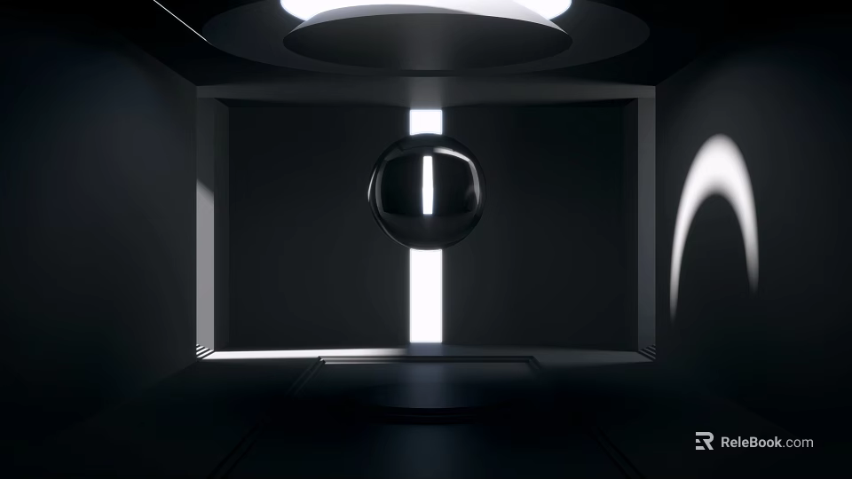Suspended Black Sphere In Modern Futuristic Space With Circular Light Vertical White Strip And Platform 3d model 