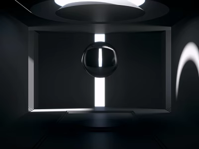 Suspended Black Sphere In Modern Futuristic Space With Circular Light Vertical White Strip And Platform 3d model
