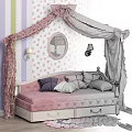 Pink Kids Bed With Canopy Lace Floral Wallpaper Round Mirror And Wall Lamps