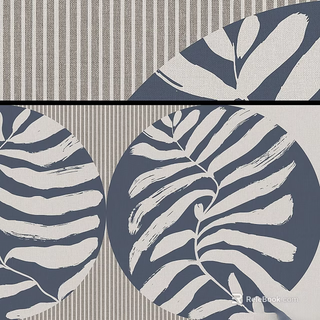 Blue and White Leaf Pattern Design Components with Circular Elements and Striped Background 3d model