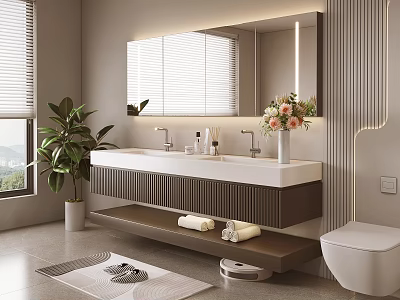 Modern Bathroom Vanity With Mirror Blinds Flower Vase Plant And Towels 3d model