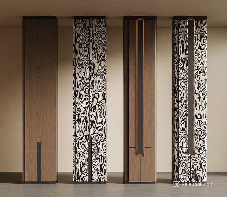 Modern Decorative Columns With Wooden Texture Black White Patterns And Metal Accents 3d model 