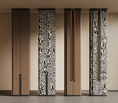 Modern Decorative Columns With Wooden Texture Black White Patterns And Metal Accents 3d model