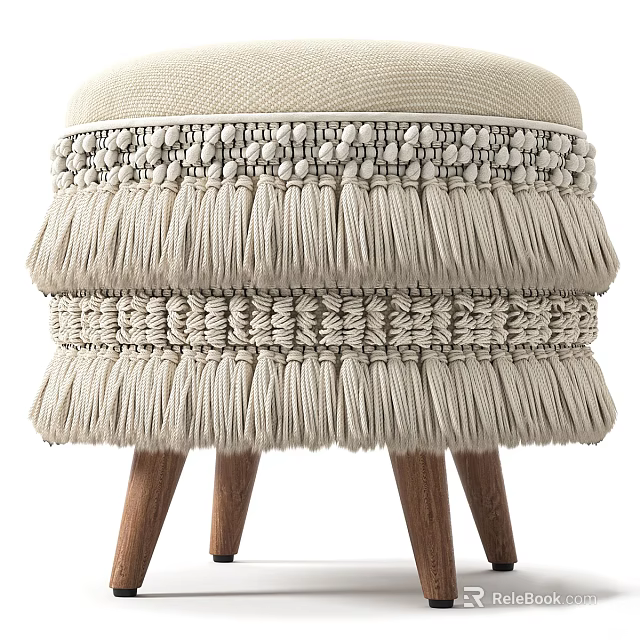Beige Woven Stool With Tassel Accents And Wooden Legs For Home Decoration 3d model 
