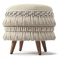 Beige Woven Stool With Tassel Accents And Wooden Legs For Home Decoration