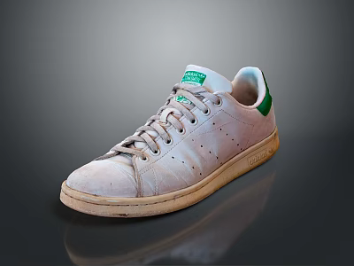 White Classic Sneakers With Green Logo Accents And Distressed Worn Vintage Design Details 3d model
