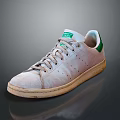 White Classic Sneakers With Green Logo Accents And Distressed Worn Vintage Design Details
