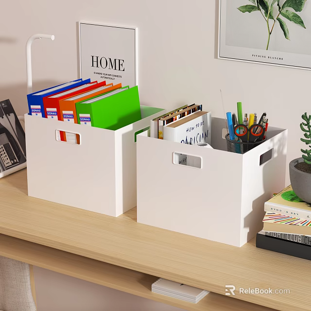 White Storage Baskets Organizing Office Supplies And Colorful Folders On Wooden Desk 3d model 