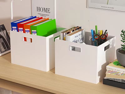 White Storage Baskets Organizing Office Supplies And Colorful Folders On Wooden Desk 3d model
