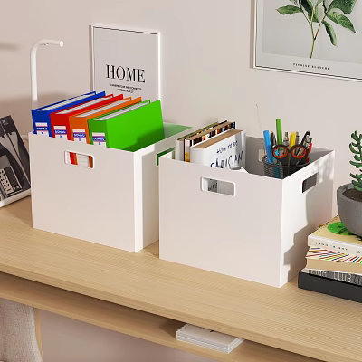 White Storage Baskets Organizing Office Supplies And Colorful Folders On Wooden Desk 3d model