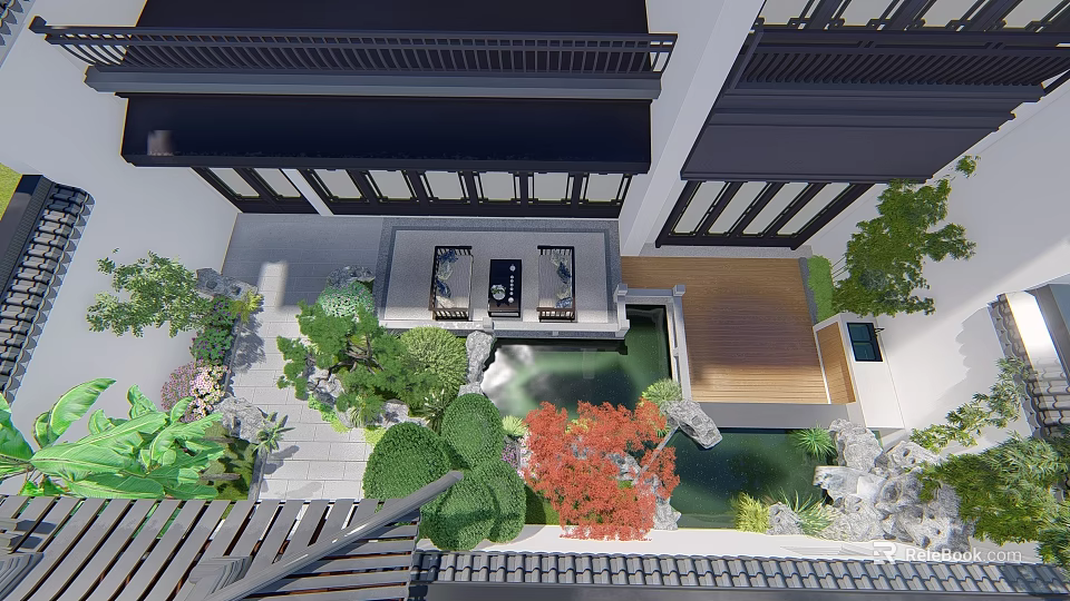 Serene Courtyard Garden Design With Green Plants Pond And Wooden Deck Seating Area 3d model 