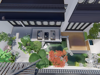 Serene Courtyard Garden Design With Green Plants Pond And Wooden Deck Seating Area 3d model