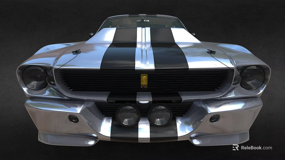 Vintage Silver Sports Car With Black White Stripes Front Grille And Yellow Emblem 3d model 