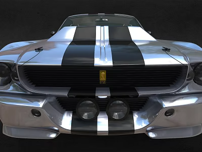 Vintage Silver Sports Car With Black White Stripes Front Grille And Yellow Emblem 3d model