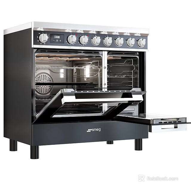 Black Freestanding Double Oven Kitchen Appliance With Knob Controls And Open Doors 3d model 
